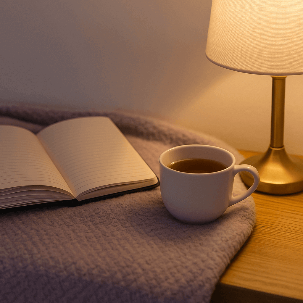 Visuel “ambiance de confiance” une tasse de thé + carnet + lumière douce